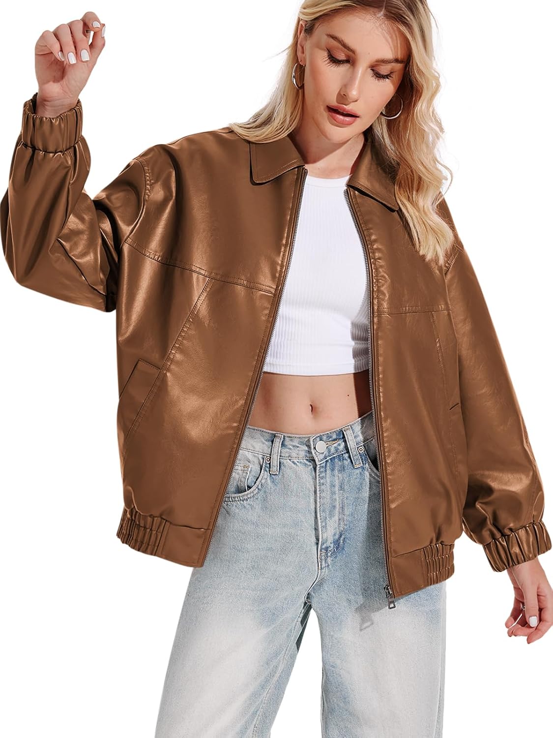 Yousify Womens Leather Jacket Oversized Faux Casual Zip Up Bomber Motorcycle Jackect Trendy Fall Winter Clothes S-XXL - Image 4