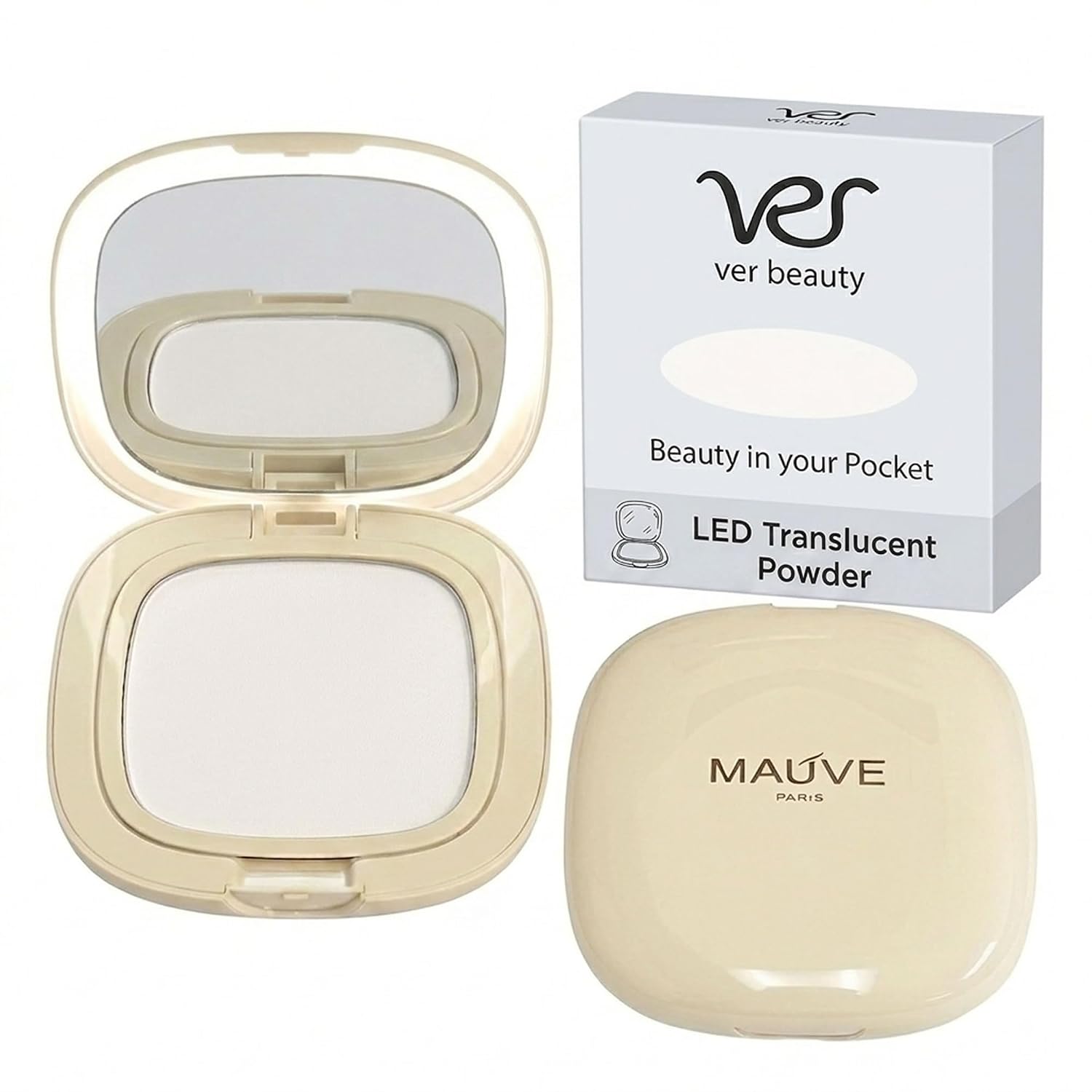 VER Beauty LED Pressed Powder Compact with Translucent Finish, Full Coverage Matte Finish, Lightweight, Moisturizing, Clean Mineral Formula, Mirror & Applicator Included