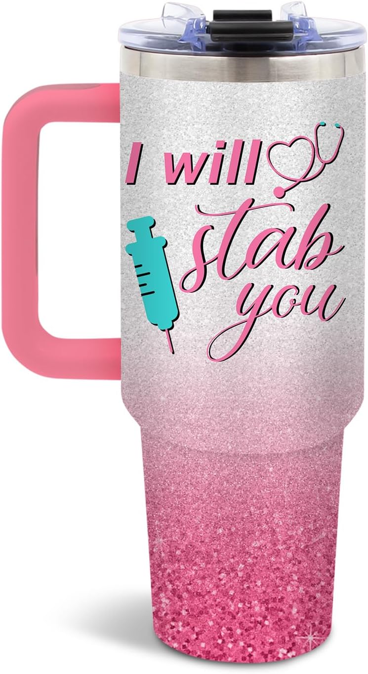 DUUV Nurse Gifts for Women, Nurse Tumbler Appreciation Gift for Graduation Retirement Birthday, Nurses Week Gifts for Christmas Thanksgiving, I Will Stab You Nursing 40 Oz Tumbler with Handle, 1PCS