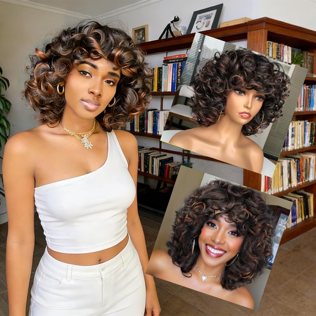 Short Curly Wig For Women Afro Wigs For Black Women Black Mixed Brown Color Big Curly Wig With Bangs Loose Curls Synthetic Wig Big Bouncy Fluffy Curls Wigs For African American Women Daily Wear