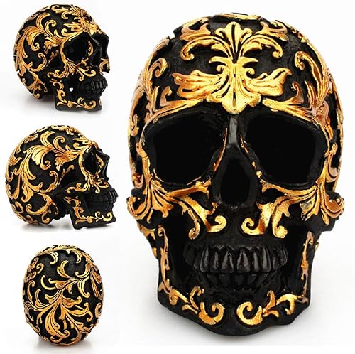 Tvoip 1 Uds. Cabeza de calavera negra tallada en oro Horror Home Mesa Decorativa Artesanía Humana Horror Resina Calavera Esqueletos de Hueso
