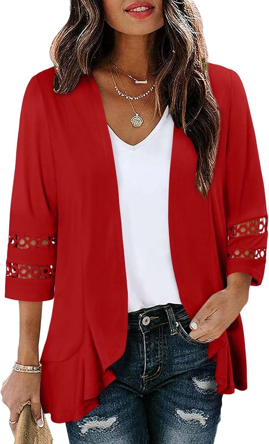 Magritta Womens Casual Open Front Cardigans Lightweight Soft Draped Ruffles 3/4 Sleeve Cardigan - Image 4