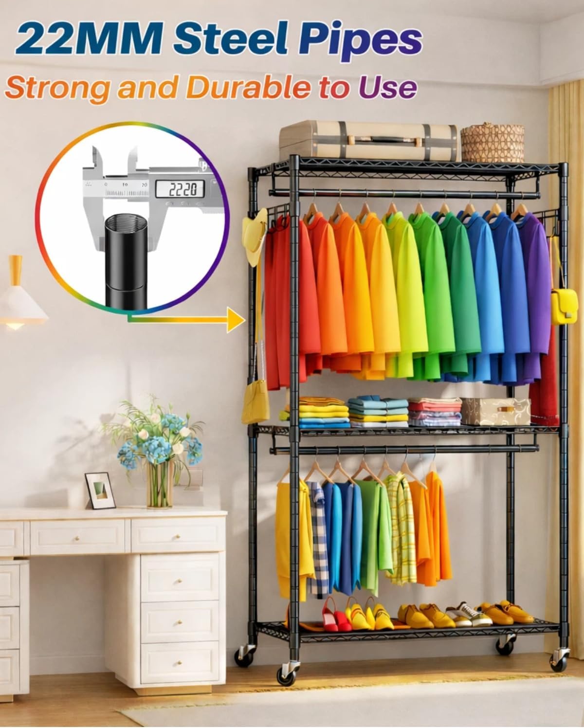 Heavy Duty Clothes Rack, Sturdy Carbon Steel Rolling Garment Rack with Lockable Wheels, Adjustable Shelves & Hooks, Free Standing Clothing Racks for Hanging Clothes, Closet System Max Load 655 LBS