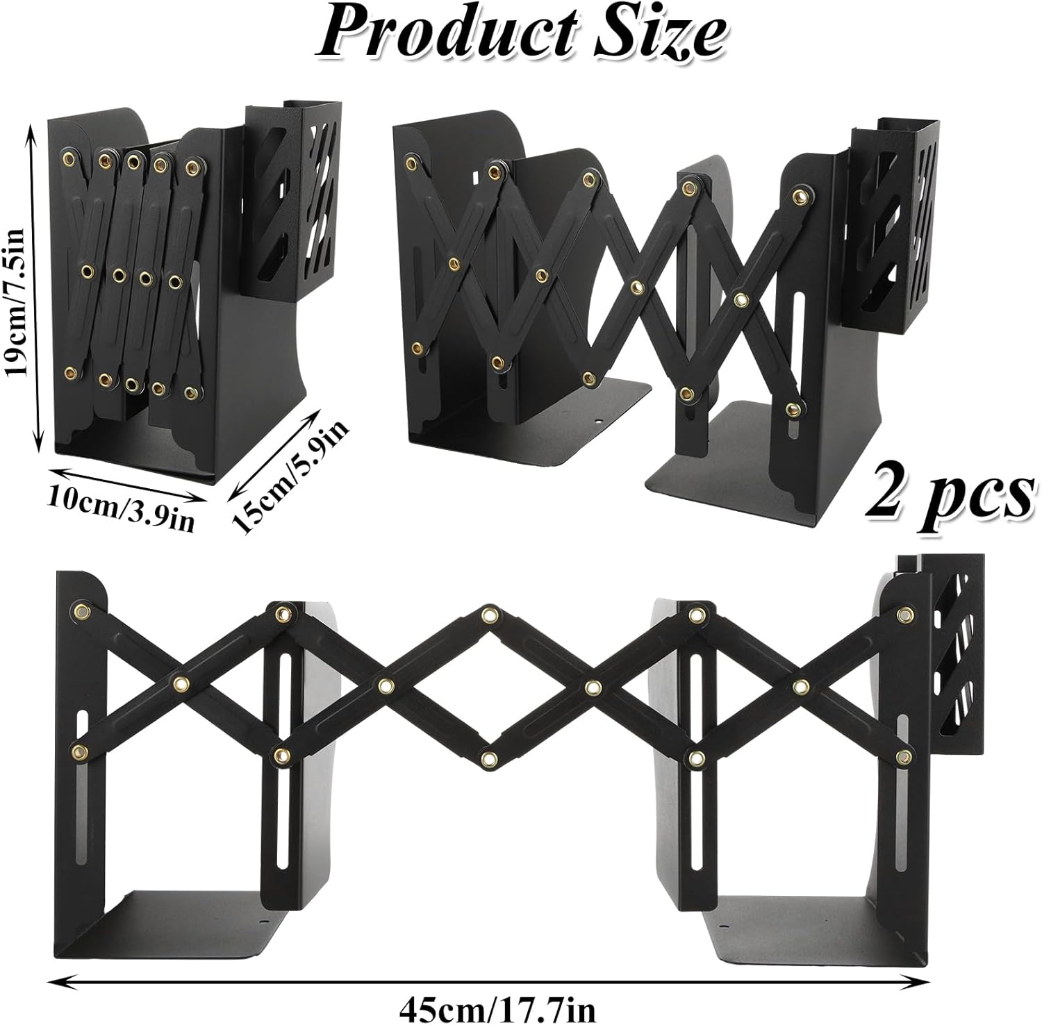 SHUESS 2 Pack Adjustable Bookends Expandable Metal Bookends for Heavy Books, 2 Dividers, Heavy Duty Book Ends to Hold Books with Pen Holder for Office, School, Bookstore, Home