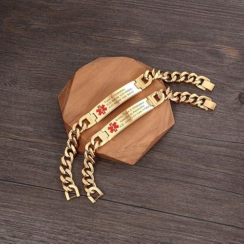 Miniatura 3 de Pulseras personalizadas de identificación de alerta de grabado, pulseras de acero inoxidable médicas de emergencia personalizadas para hombres