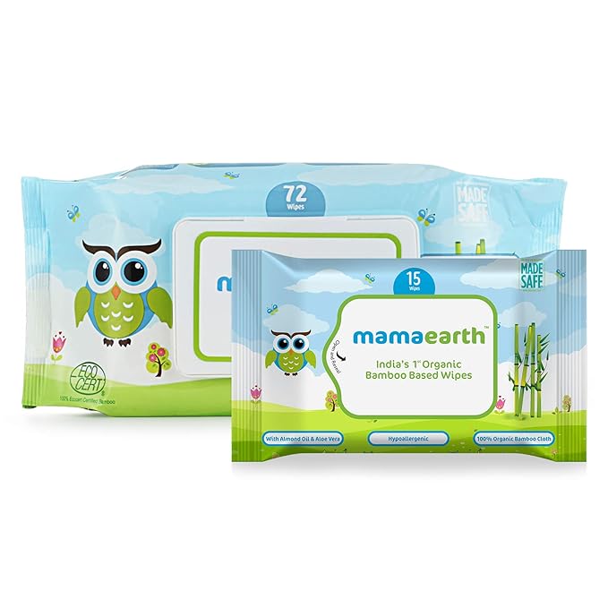 Mamaearth Organic Bamboo Based Baby Wipes, 72 Pieces with Free Wipes Travel Pack, 15 Pieces
