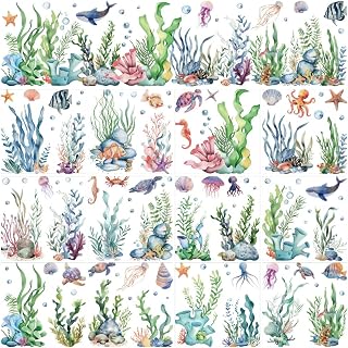 AHANDMAKER 12 Sheets Underwater Scene Rub On Transfer Stickers, Colorful Sea Animals Ocean Life and Coral Decoration, Fish, Seahorses, and Jellyfish for Ocean Enthusiasts Creative Decor, 5.5x5.5 Inch