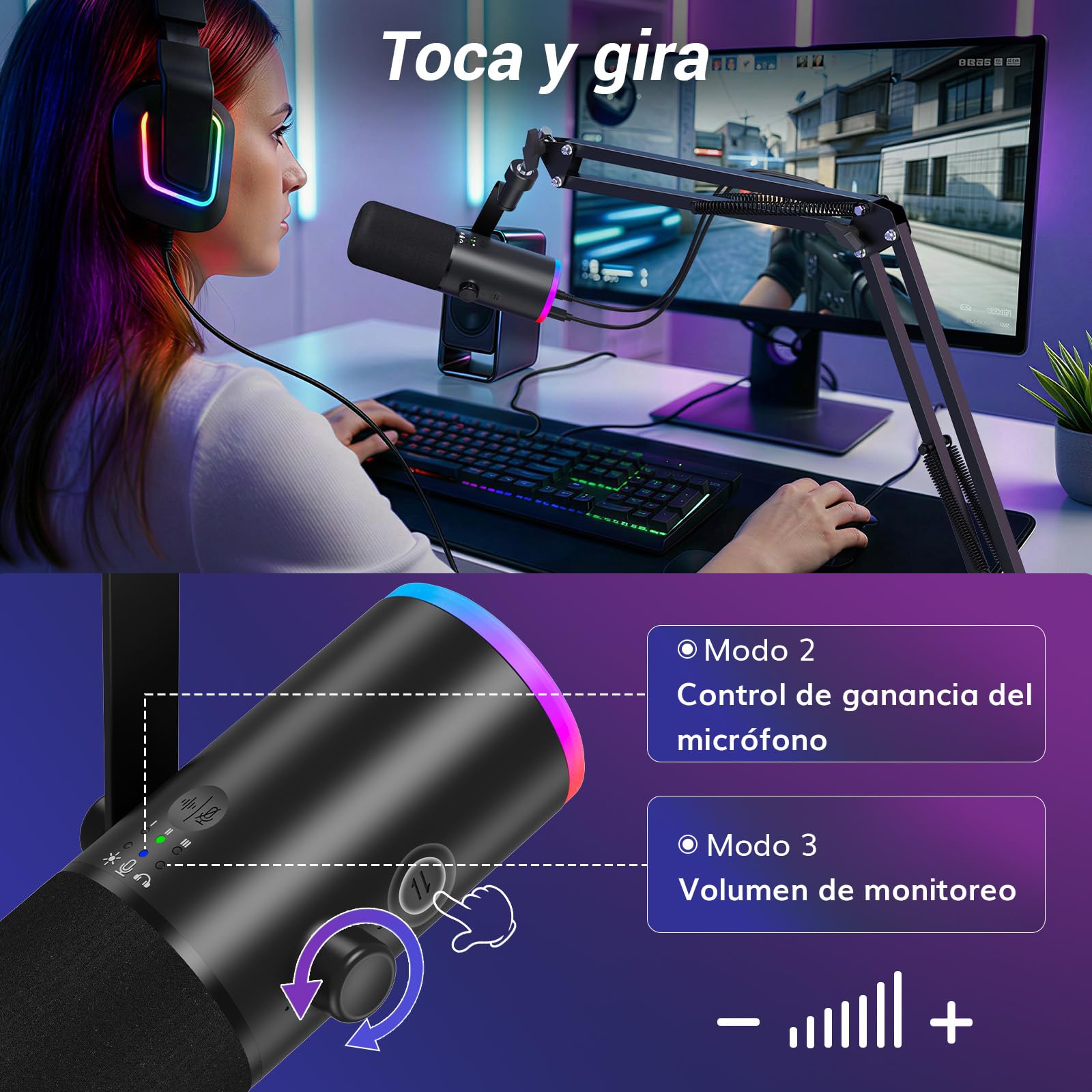 TONOR Microfono de Gaming Dinámico para PC, Micrófono Cardioide Streaming XLR/USB con Brazo para Podcast/Estudio, Cancelación de Ruido IA,RGB Controlable,Conector Auriculares 3,5 mm,Negro,TD510 AIR H+