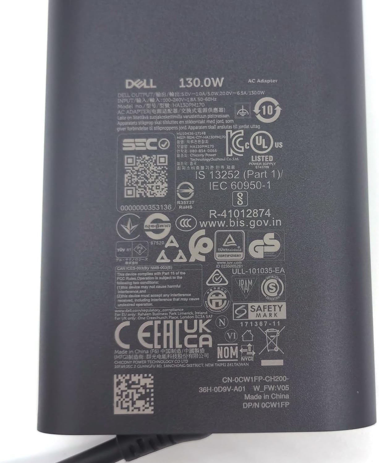 Dell Laptop Charger GAN 130W USB C Type C AC Adapter,XPS 15 9520 9530 XPS 17 9720 9730 AC Charger, Black, HA130PM170