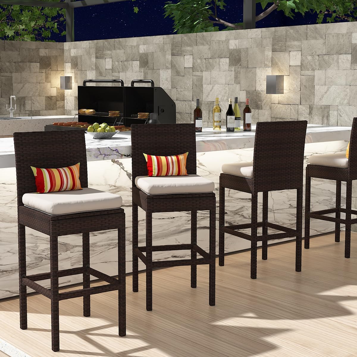 Sundale Outdoor Wicker Bar Stool Set of 6, 30 Inch Seat Height Patio Counter Height Stool with Back Rest, Rattan Woven Tall Chair with Pillow & Beige Cushion, High Bar Stool - Steel, Brown