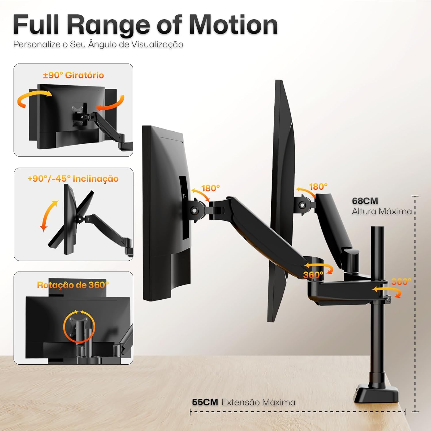 Suporte Articulado para Monitor Duplo – Braço Ajustável para Monitores de 13 a 32" (até 10kg), Design Ergonômico, Pistão a Gás, Grampo C, Ilhós e Gerenciamento de Cabos, Fácil de Instalação (Preto)