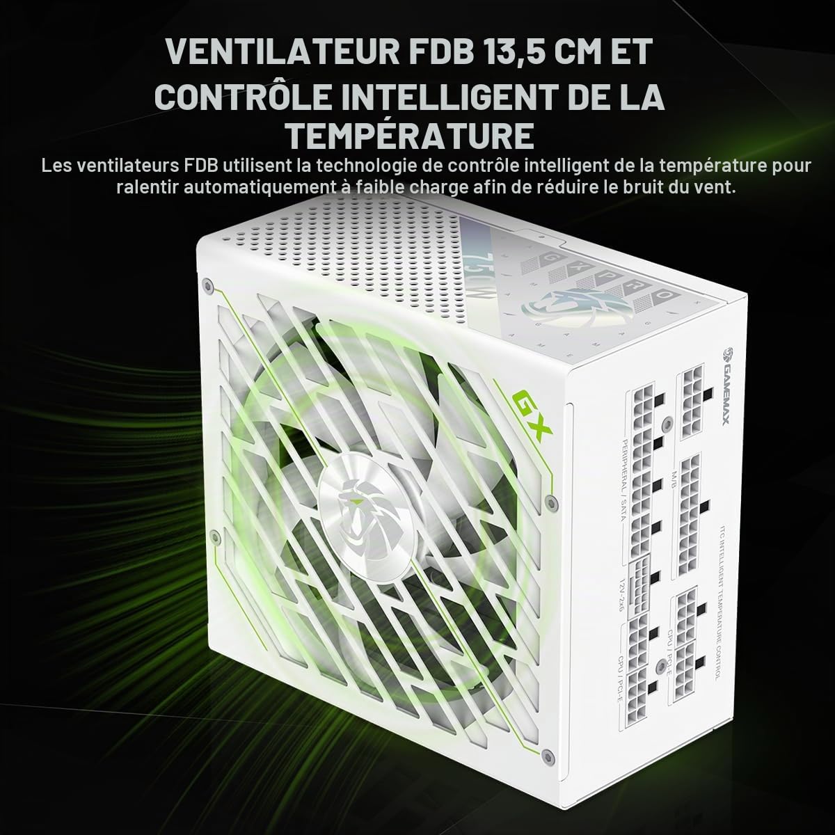 GAMEMAX GXPRO 750G WH Alimentation PC 750W, Totalement Modulaire, ATX 3.1 PCIe 5.1 avec Connexion 12V-2×6, 80 Plus Gold, Condensateurs Japonais 105°C, 7 Mécanismes de Protection, Garantie 10 Ans