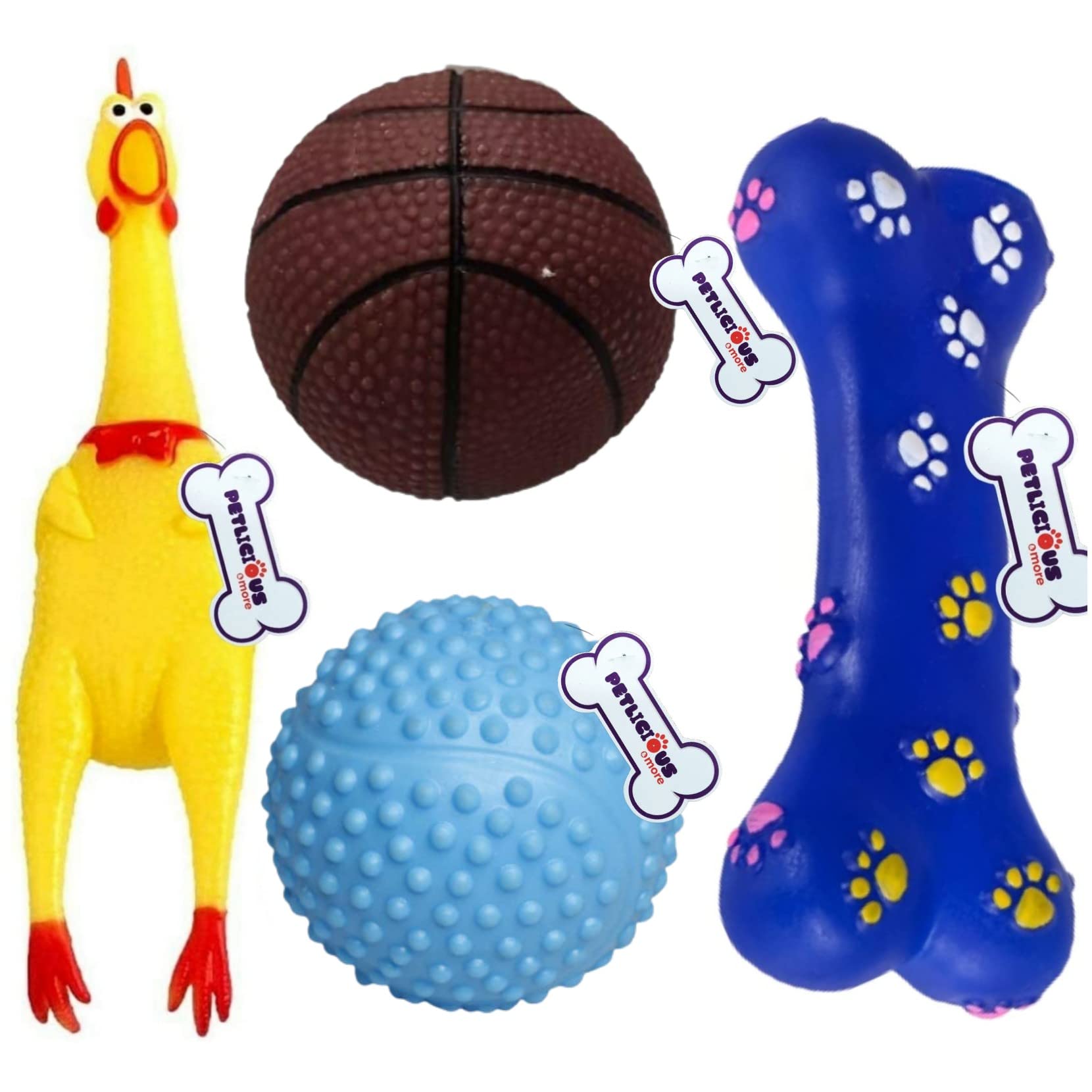 Petlicious & More® Puppy Squeaky Toys Combo of 4 - Chicken Toy Small I Ball in Ball I Goat Bone I Vinyl Rugby Squeaky Toys for Small Dogs & Puppies (Pack of 4) (B09HL141HH) Amazon Price History, Amazon Price Tracker