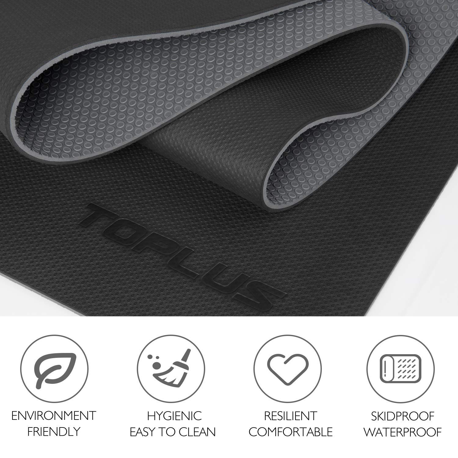 TOPLUS - Tappetino da ginnastica o da yoga, imbottito e antiscivolo, adatto per fitness, pilates e ginnastica, con tracolla, 183 x 61 x 0,6 cm, Nero