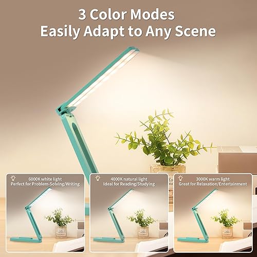 Miniatura 3 de Lámpara de escritorio LED plegable y ajustable, luz de libro portátil de doble cabezal con atenuación continua y 3 modos de color para mesita de