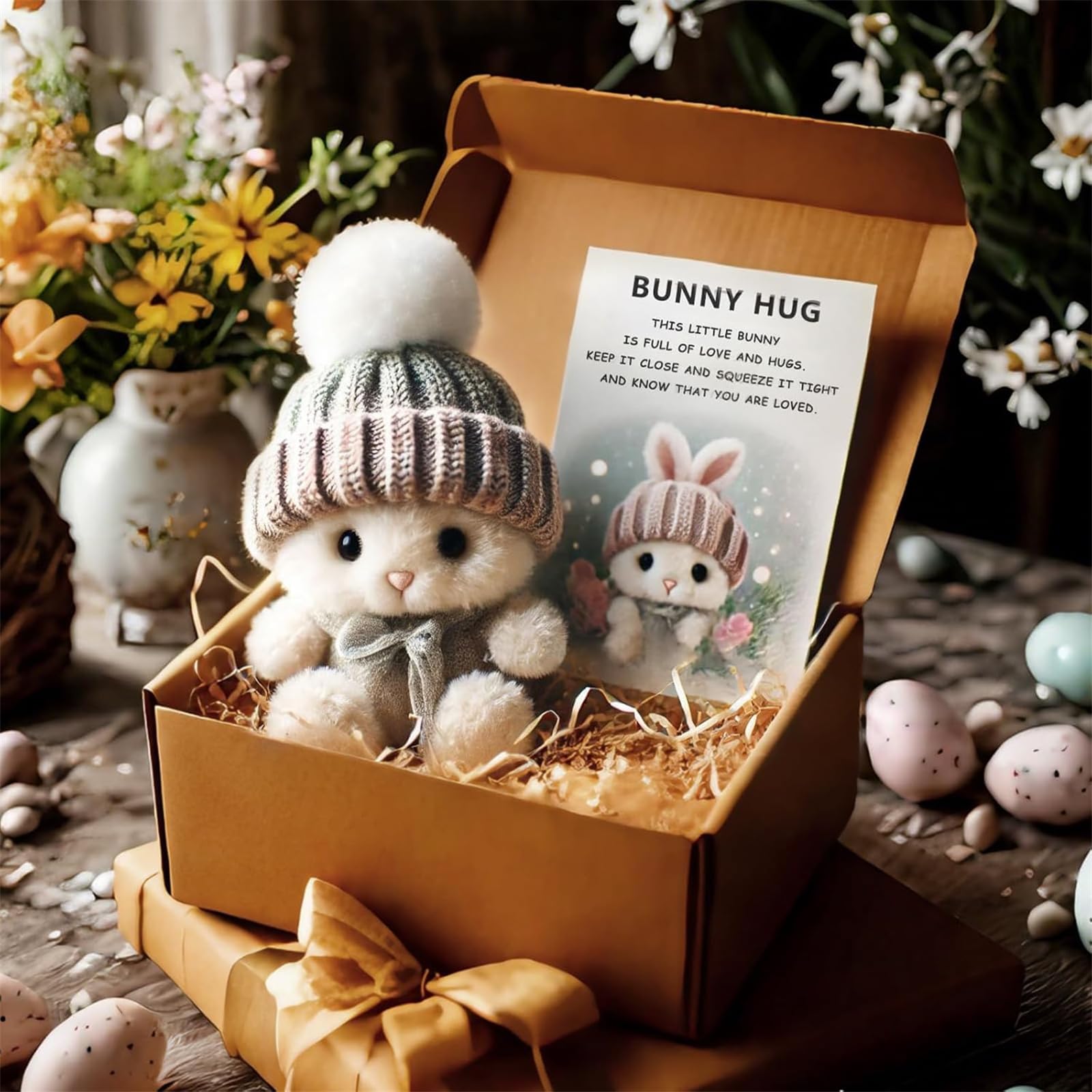 Handmade Mini Bunny Hug Cute Easter Gift, 2026 New Soft Plush Rabbit Mini Bunny Hugs in Box with Card, Easter Basket Rabbit Stuffer Women Men (Gray)