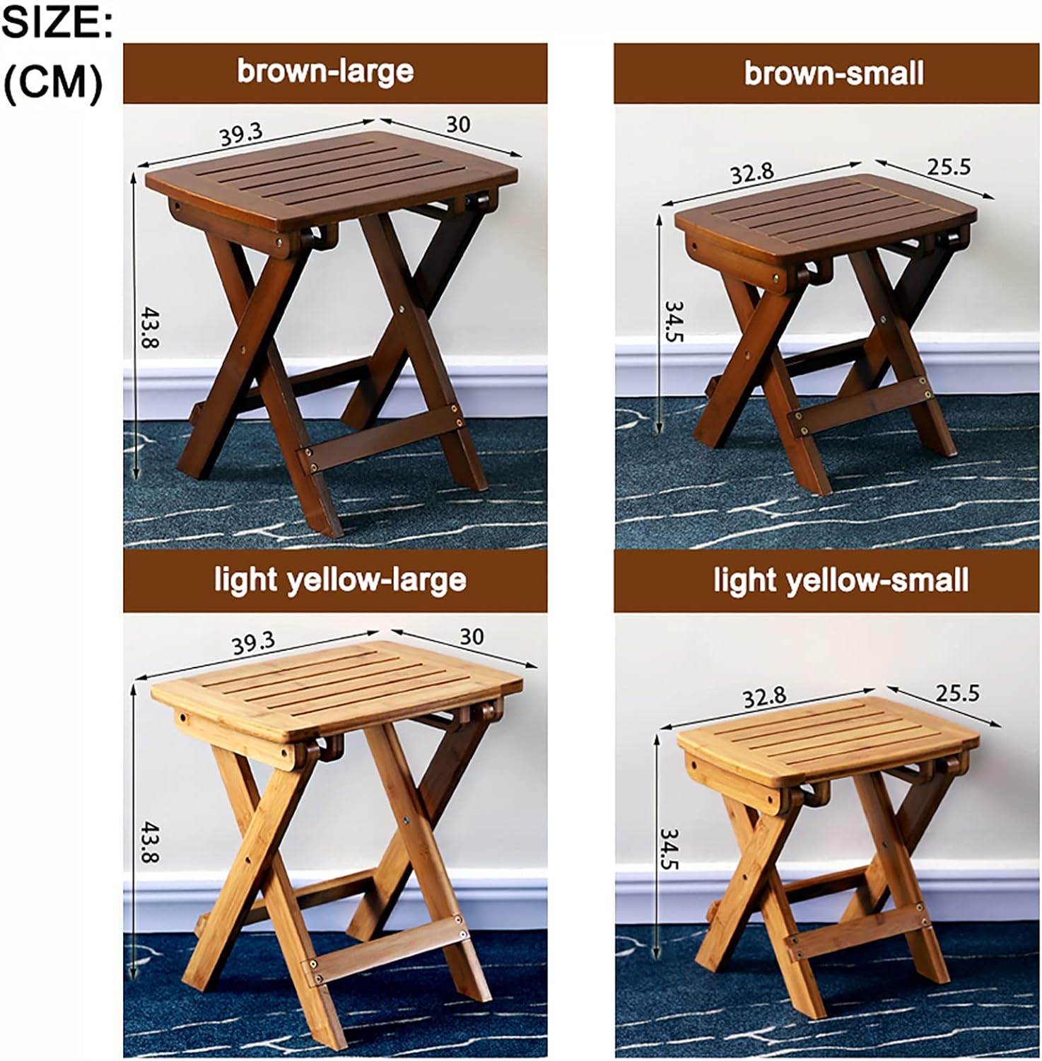 Nature Bamboo Folding Stool,Waterproof Not-Slip Shower Stool Step Stool,Outdoor Portable Chair for Camping Hiking Fishing-Light Yellow 32.8x25.5x34.5cm