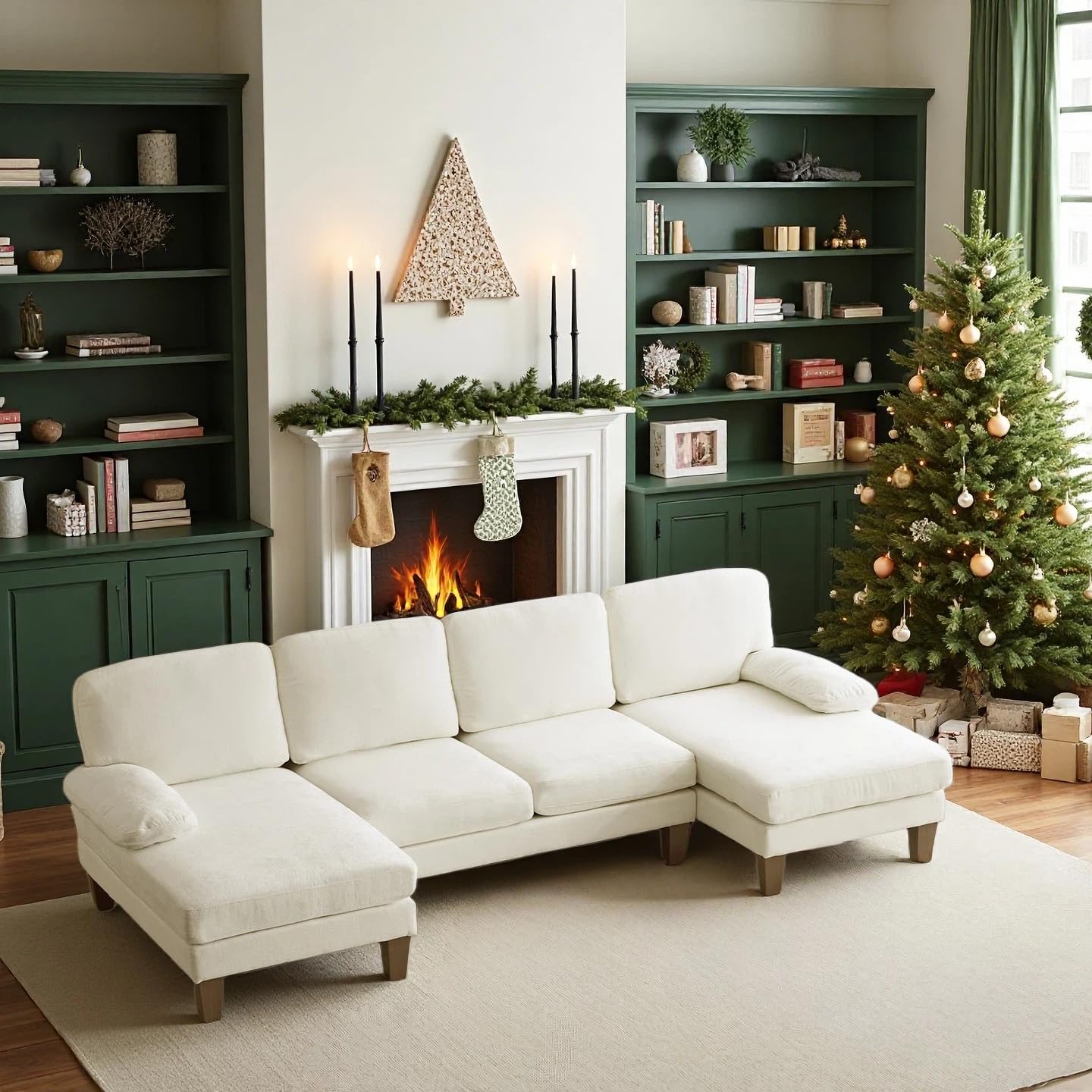 VINGLI 110" Sectional Couches for Living Room,U Shaped Couch with Double Chaise, 4-Seat Sofa Set with Chenille Fabric for Home Furniture,Beige