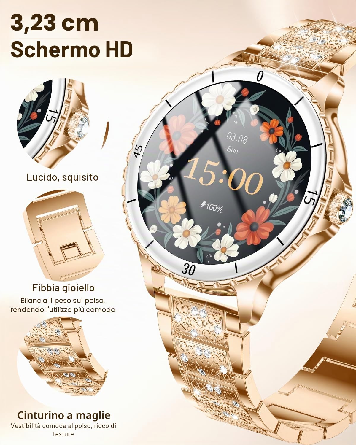 Smartwatch Donna Chiamate Bluetooth, 1.27" Orologio SmartWatch Rotondo con Cinturino di Diamante, Compatibile Android/iOS, IP68 Impermeabile Fitness Trackert con 120+ Sportive, Sonno, SpO2, Oro Rosa