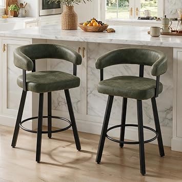 Shunzhi Modern Green Counter Height Bar Stools Set of 2 Leather Barstools with Backs/Metal Legs/Footrest Upholstered Counter Stools Comfy Bar Chairs for Dining Room/Home Bar/Kitchen Island/Pub,25 Inch
