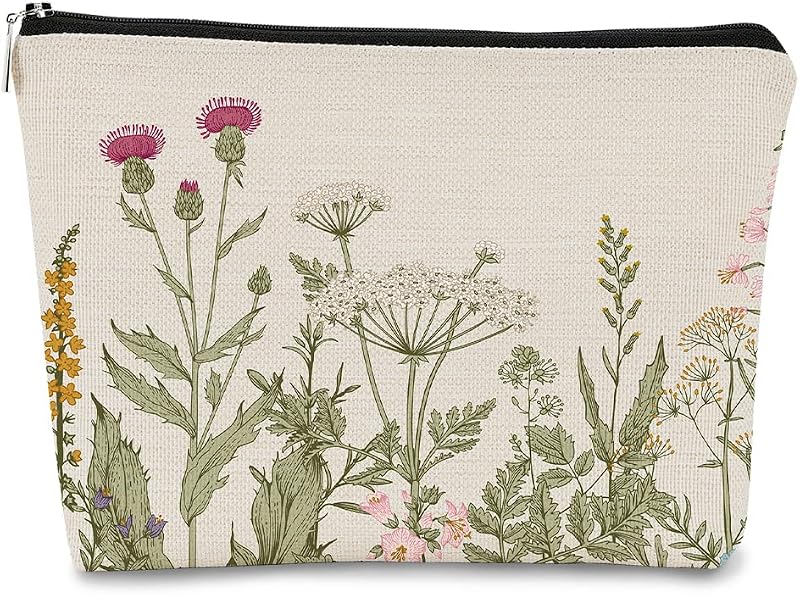 Necessaire de maquiagem BARPERY com estampa floral e flores silvestres, fechamento por zíper, 1 unidade