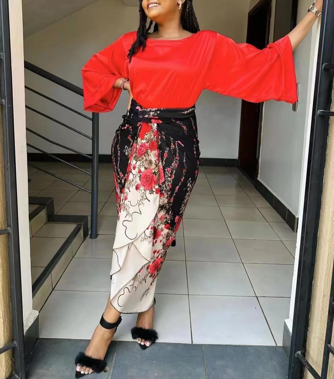 African Two Sets Skirt Womens O-Neck Loose Sleeve - 2 Suit