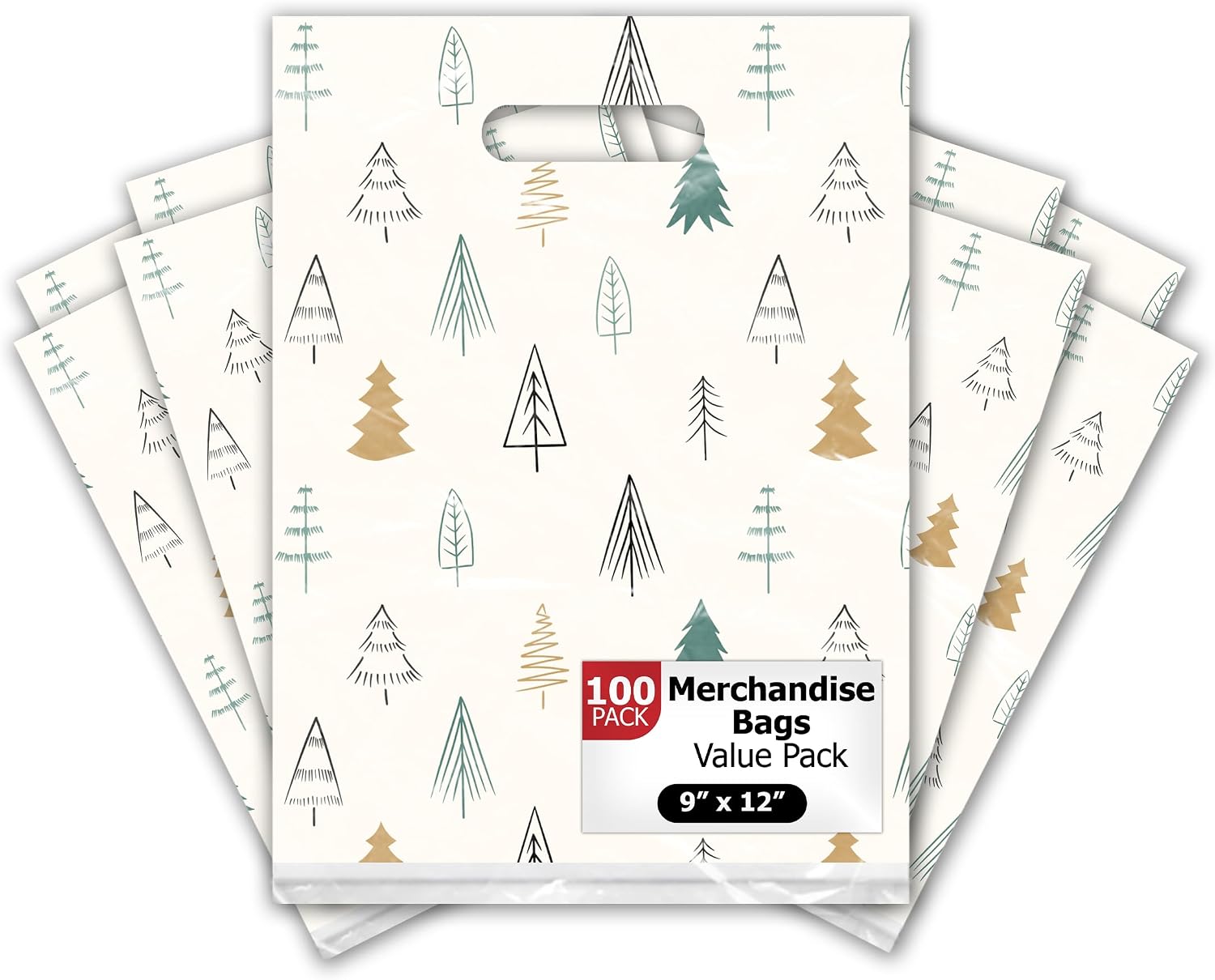 Pro Supply Global 9x12 100 Count Christmas Fir Trees Designer Retail Boutique Merchandise Bags with Die Cut Handles Premium Printed Shopping Bags For Small Business Shop Owners