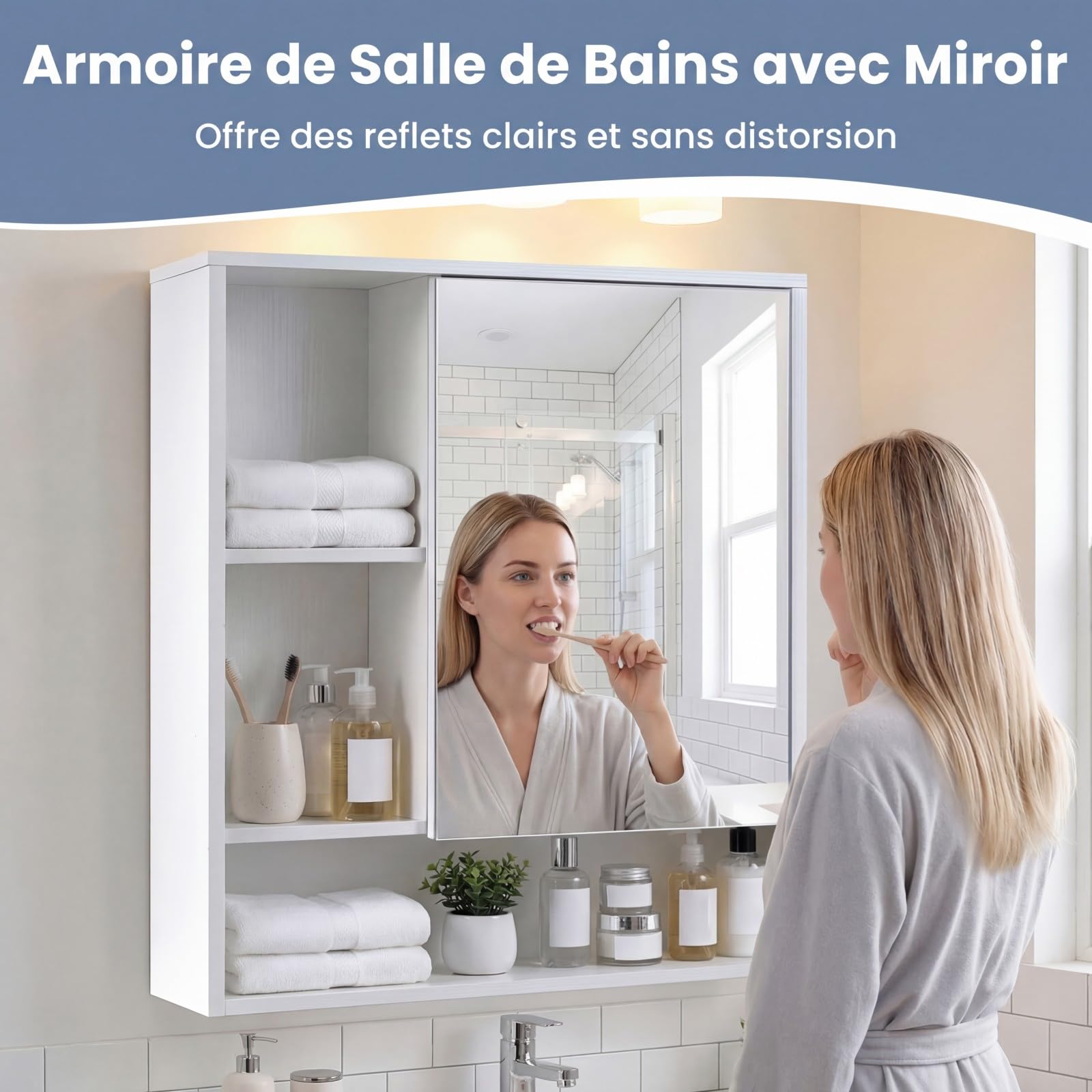 COSTWAY Armoire Murale de Salle de Bain avec Porte Miroir, Armoire à Pharmacie avec Porte et 3 Compartiments Ouverts, Armoire Suspendue, Meuble de Rangement, 16 x 56 x 61 cm (Blanc)