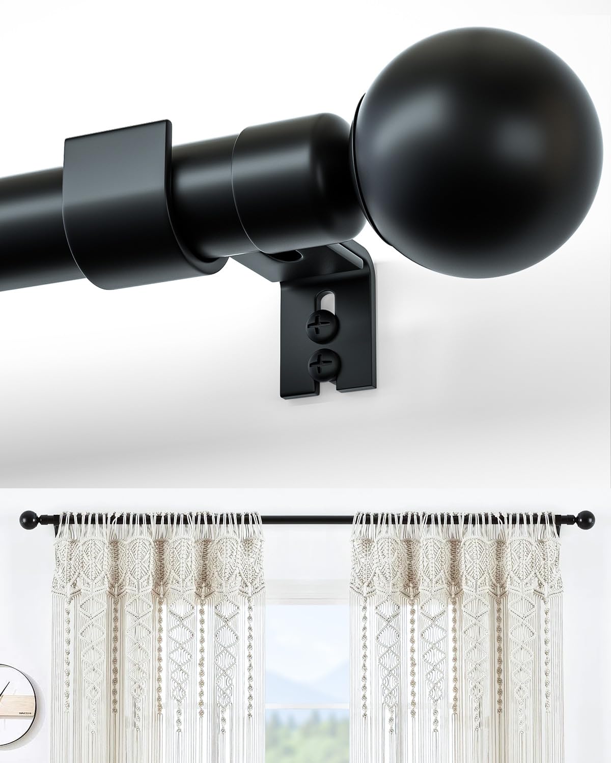 Black Curtain Poles for Windows: 80 to 225 cm Curtain Pole for Eyelet Curtains - Curtain Rod for Door with Brackets - 25mm Diameter Thin Metal Adjustable Curtain Pole