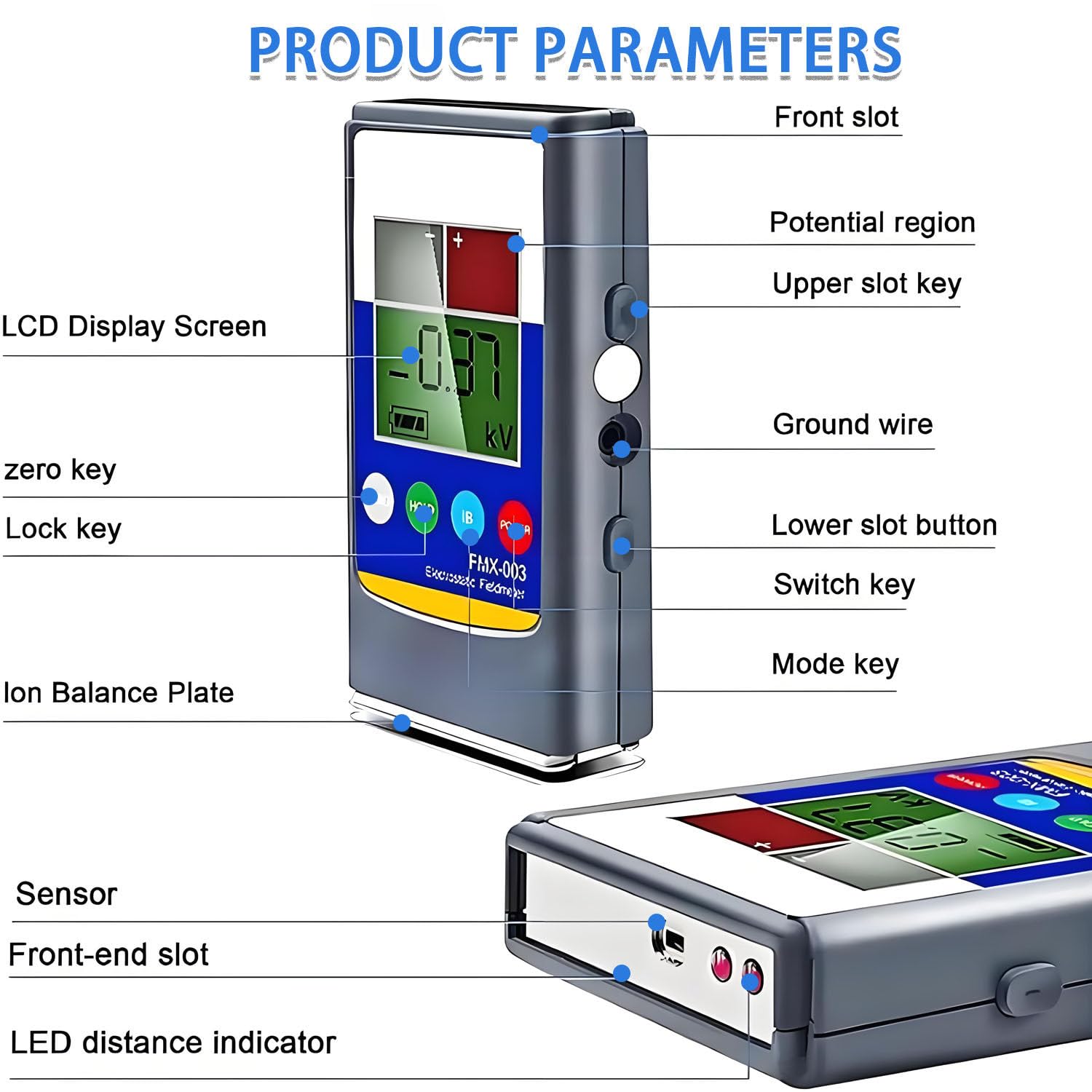 Antystatyczny miernik pola elektrostatycznego z wyświetlaczem LCD, zakres pomiarowy 0–20 kV / 30 kV, dokładność 10%, do tekstyliów, włókien, papieru, gumy i tworzyw sztucznych. FMX-003