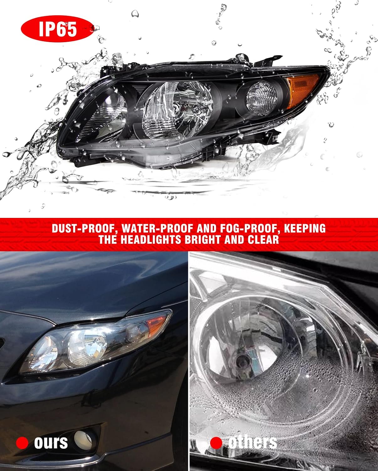 for 2009 2010 Toyota Corolla Headlight Assembly compatible with 09 10 Corolla Base/CE/LE/XLE Models North America Built Vehicle Clear Lens Black Housing Amber Reflector Replacement Pair