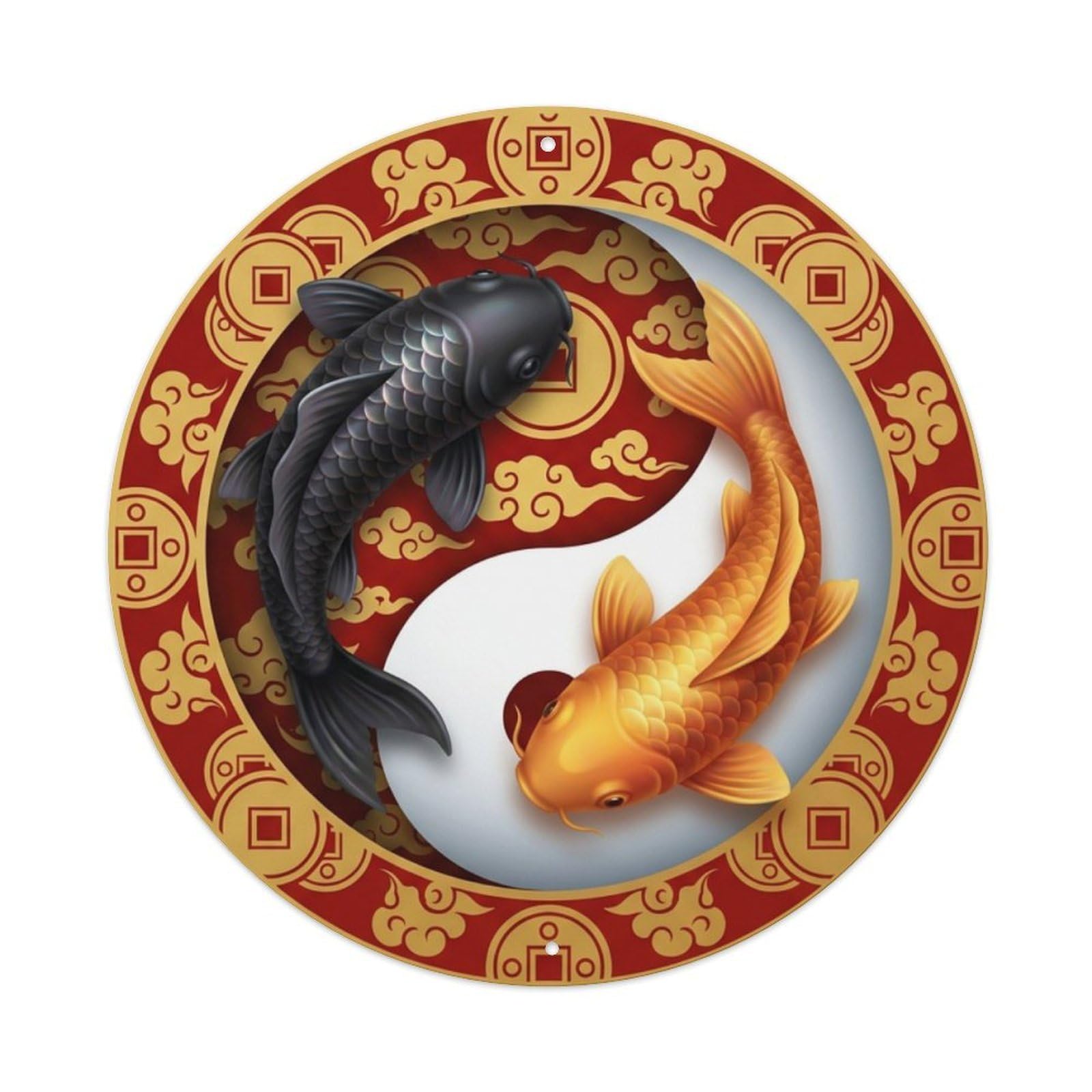 Olyhtr 8X8inch Classic Style Yin Yang Koi Prosperity Blessing Lucky Emblem Metal Tin Sign