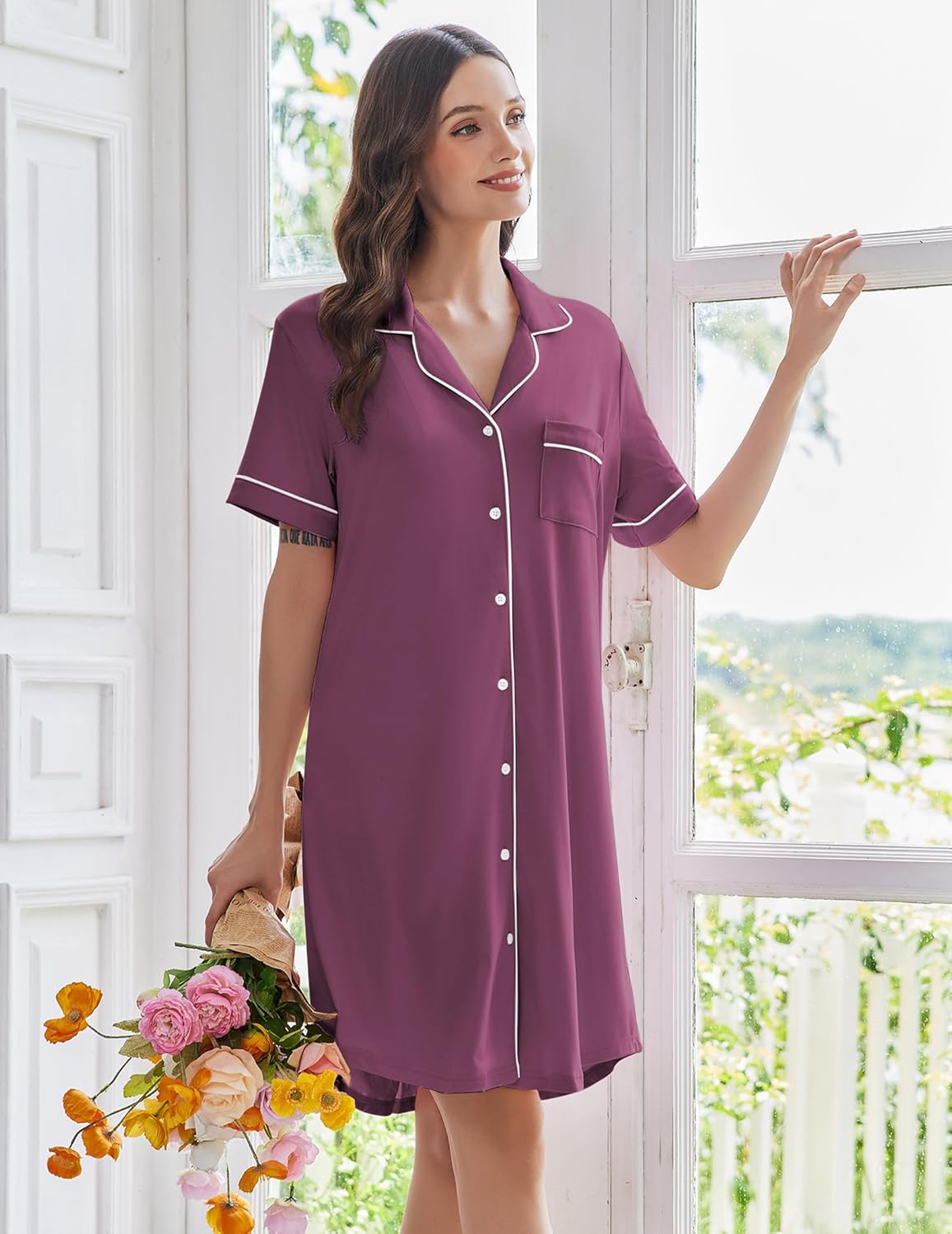 Ekouaer Nightgowns for Women Button Down Sleep Shirts Short Sleeve Nightshirt Classic Pajama Dress Soft Sleepwear S-XXXL - Image 4