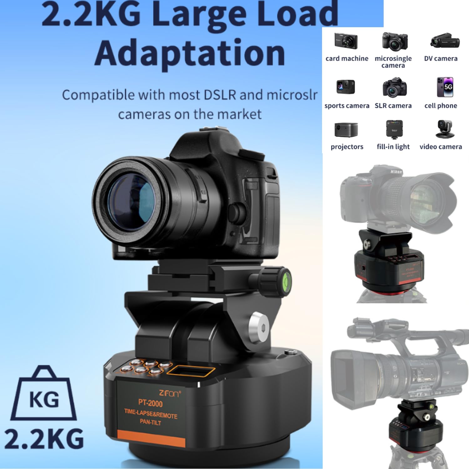 ZIFON PT2000 – zmotoryzowana głowica panoramiczna 360° z bezprzewodowym pilotem zdalnego sterowania (udźwig 2,2 kg) – elektroniczna głowica statywu obrotowego do lustrzanek cyfrowych, smartfonów i