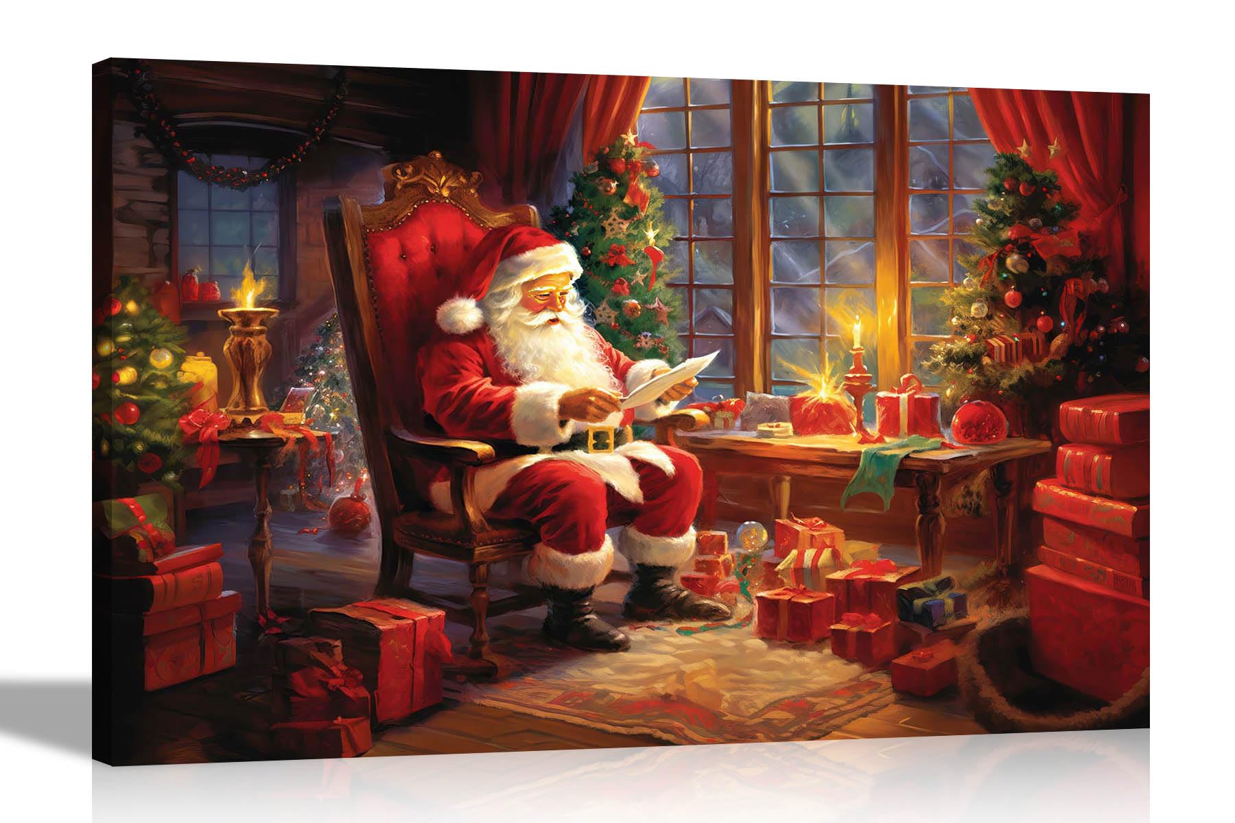 Artley Prints - Happy Santa Opening Letters Canvas Wall Pictures Framed Art Prints for Hanging Christmas Colourful Decor Large 86 x 61cm (34 x 24 inches) A1