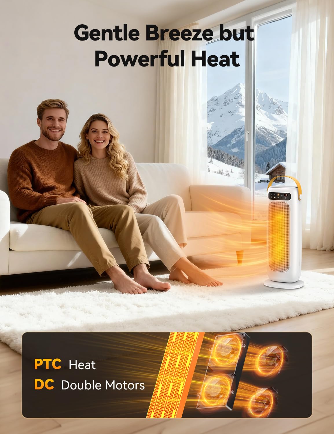 Calefactor Bajo Consumo, 1500W PTC Calefactor Ceramico Electrico, 4 Modos con Control Remoto, Protección Contra Sobrecalentamiento y Vuelco, Temporizador de 1 a 10 h, para Oficina, Dormitorio y Casa
