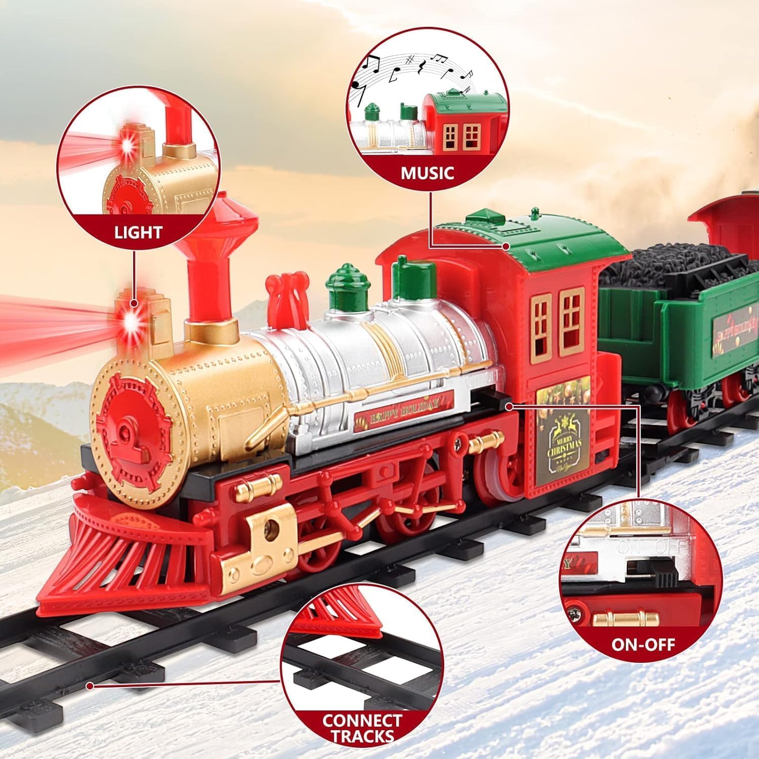 Trenino Elettrico per Bambini,Trenino Natalizio ，Luci e Suoni, Giocattolo con Binari Ferroviario, Set Pista Treno Elettrico, Regalo Natale Compleanno Educativo per Bambini