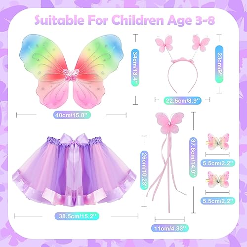 Miniatura 6 de Yotako Disfraz de hada para niñas, disfraz de princesa de hadas con alas de mariposa, tutú, varita mágica, diadema, horquilla, disfraz de mariposa