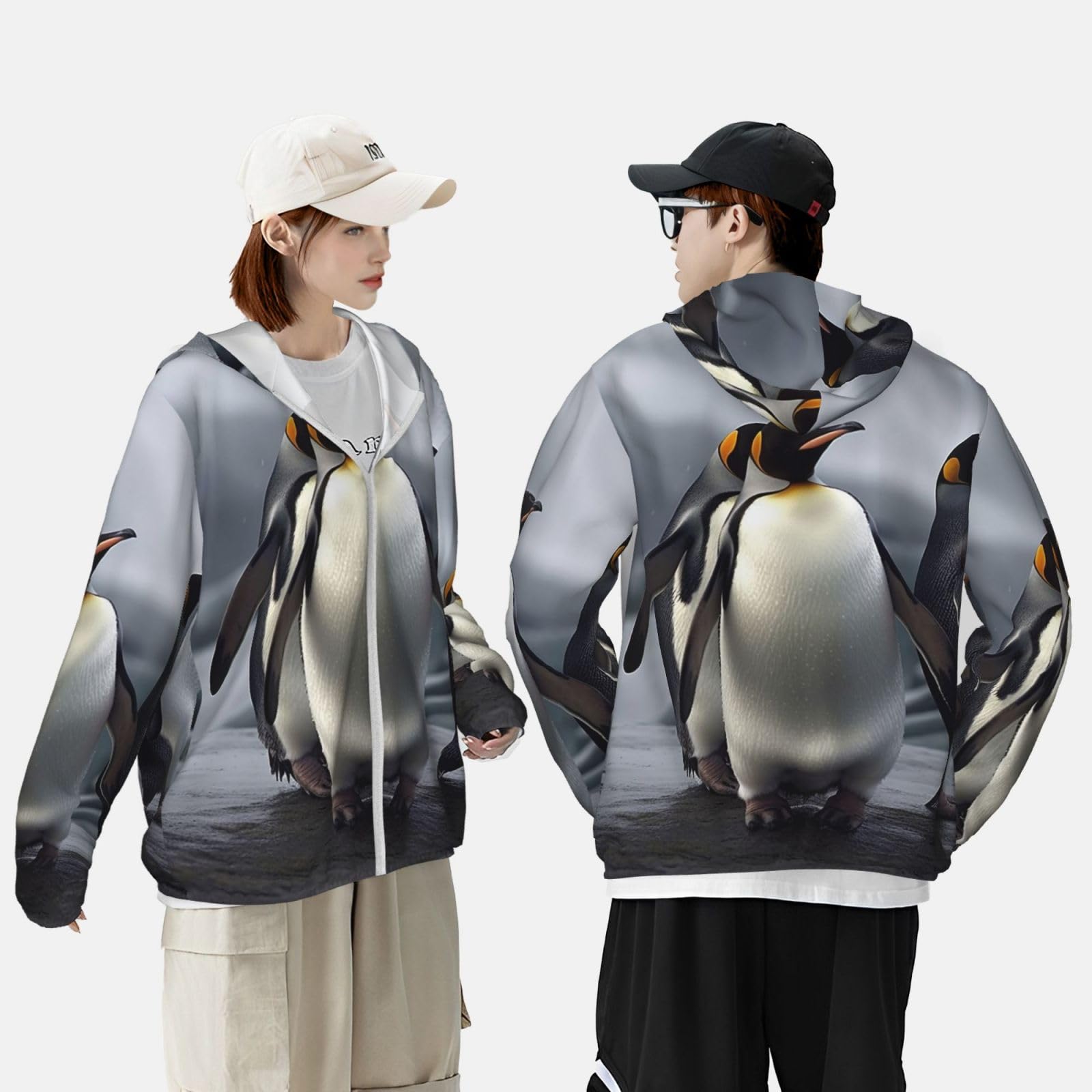 NONHAI Men's Sun Protection Jacket UPF 50+ Full Zipper Long Sleeve UV Hoodie Shirt Funny Penguins Women's Outdoor Jacket Black
