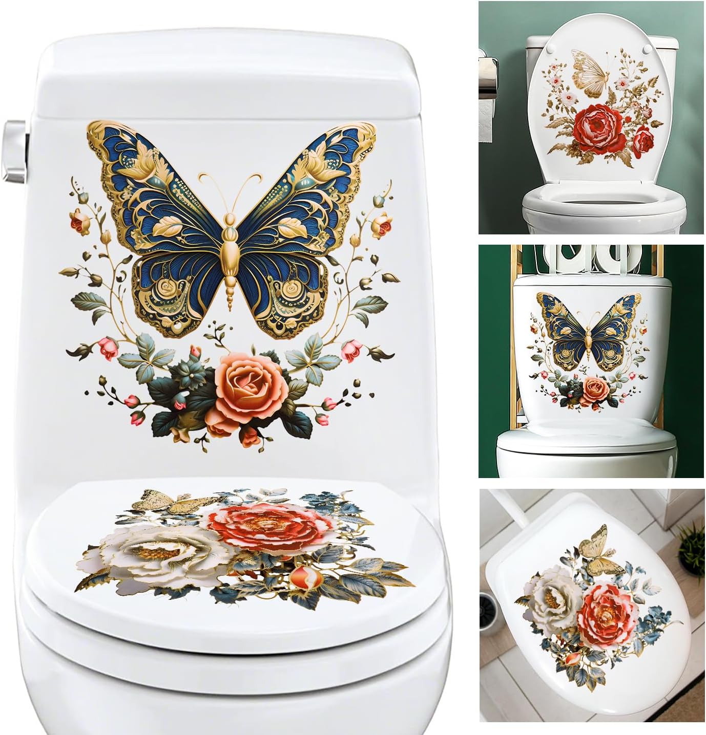 3 Sheets Toilet Seat Lid Stickers Gold Peony Butterflies Bathroom Toilet Seat Lid Cover Decals DIY Removable Bouquet Stickers for Cistern Bathroom WC Restroom Power Switch Home Decor (A)
