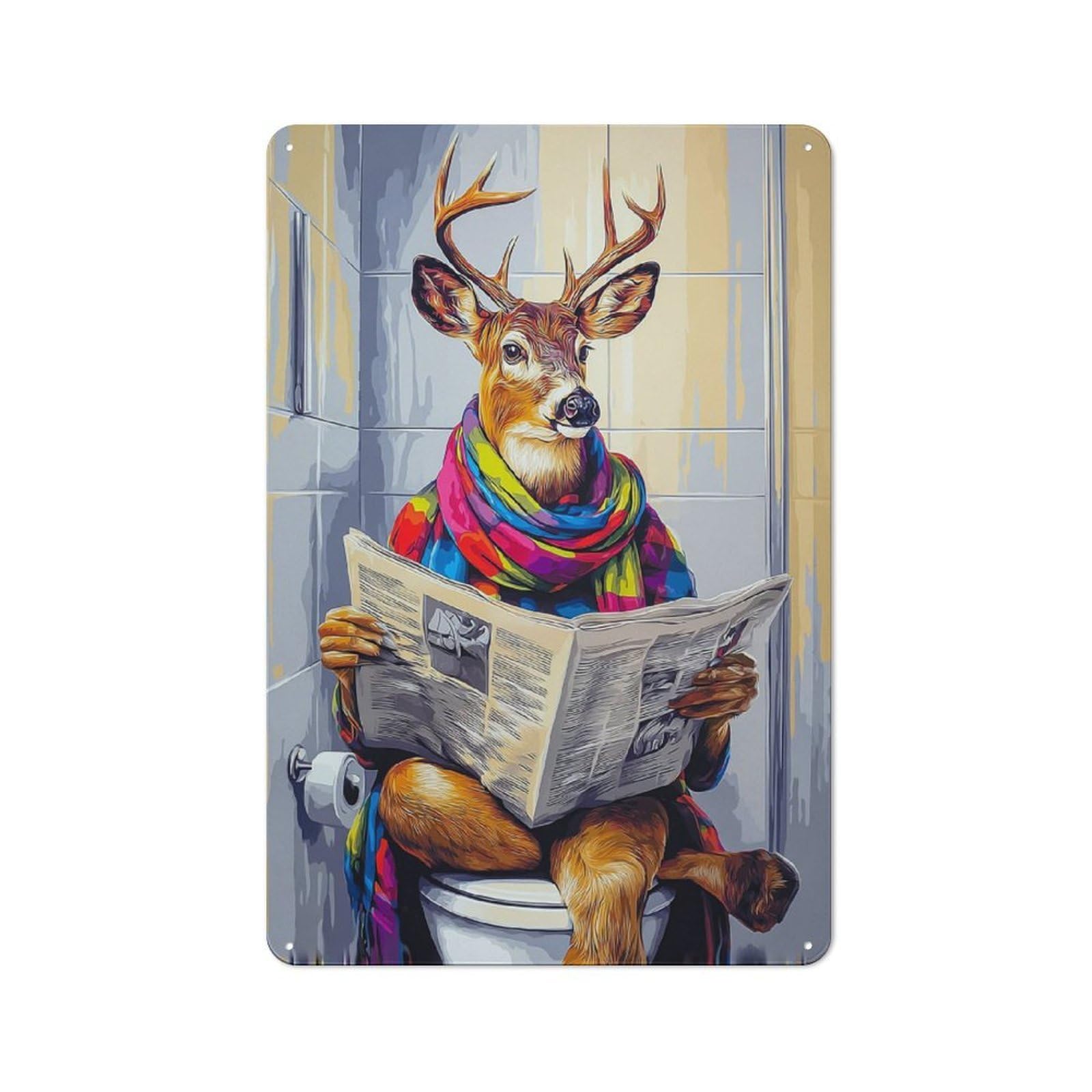 Vintage Tin Sign 30x20cm with Deer Reading Newspaper on Toilet-3 for Café Or Restaurant, Suited to Wall Displays in Cafés And Restaurants