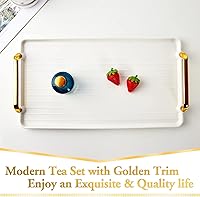 Vista 2 de DUJUST - Bandeja de servir de porcelana con asas doradas, bandeja de mesa de café de estilo nórdico moderno, hermosa bandeja de té decorativa