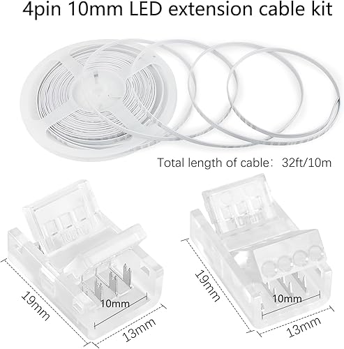 Miniatura 10 de VIPMOON Kit de conector de tira LED de 4 pines de 0.394 in y cable de extensión de tira LED RGB de 32.8 pies, tira de 4 pines a cable, conexión