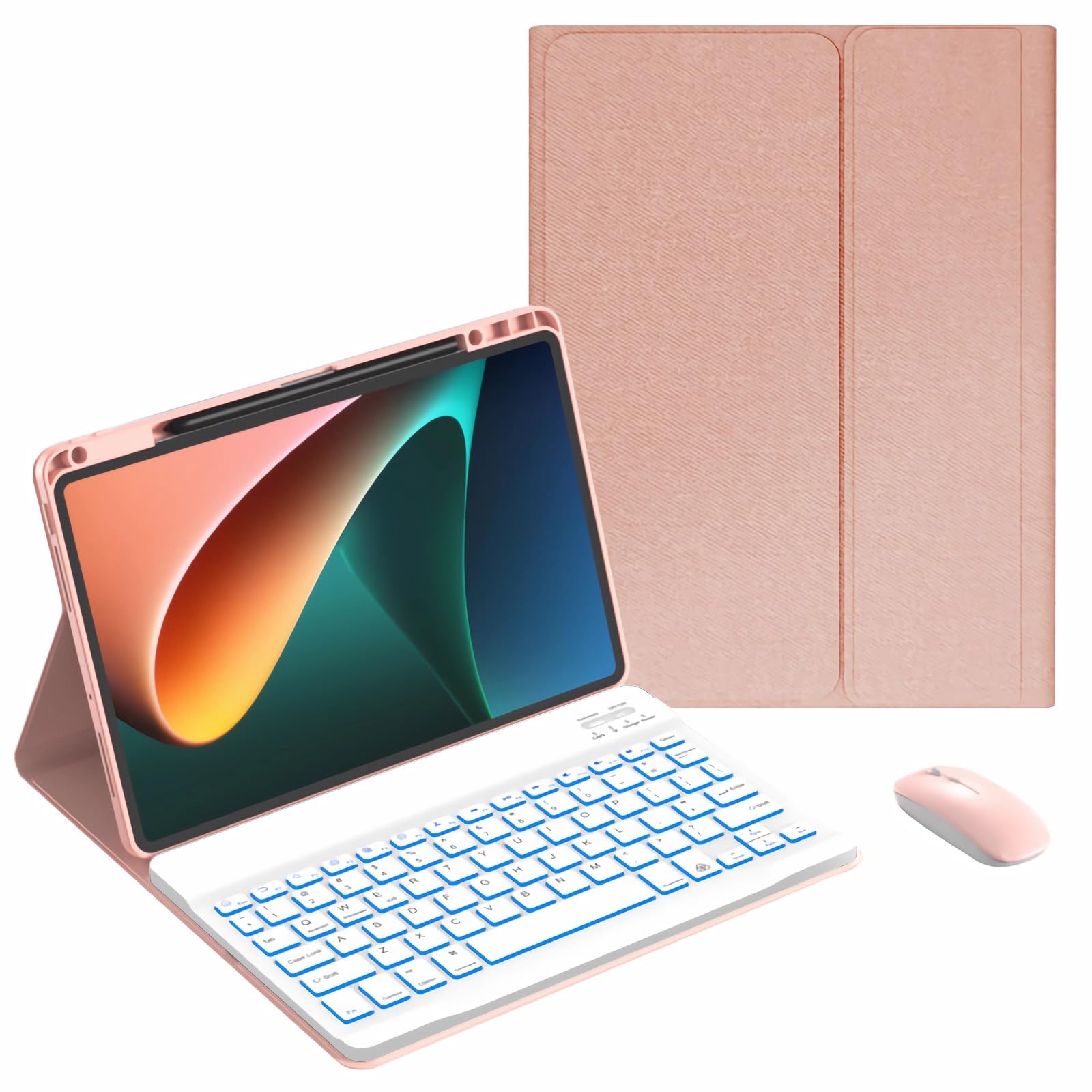 Etui z klawiaturą do Xiaomi Pad 6S Pro 12,4 cala 2024, 7 Kolorów Podświetlenia, Wbudowany Uchwyt Na Ołówek, Magnetyczna Odłączana Klawiatura Bezprzewodowa z Myszą Bluetooth,Pink 1
