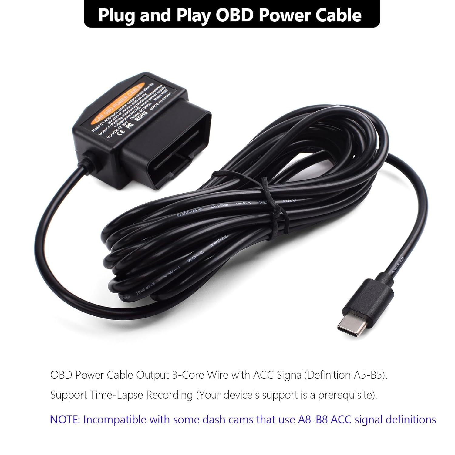 OBD2 Power Cable for Dash Camera OBD to Type-C USB OBD Adapter Hardwire Charger Cable 24 Hours Surveillance and Acc Two Mode with Switch Button and Low Voltage Protection, 12-36V to 5V/3A