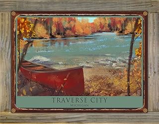 Traverse City Michigan Fall Lake Canoe Rustic Metal Print on Reclaimed Barn Wood from Painting by Artist Mike Rangner 8.5" x 11.5"