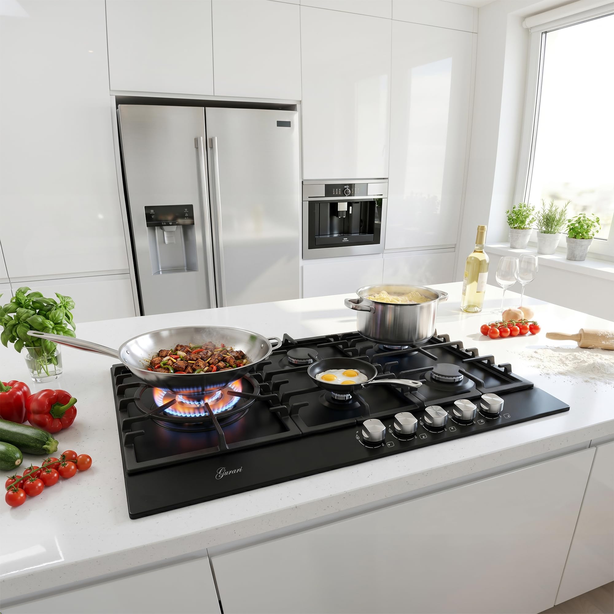Gurari Gaskochfeld 90 cm GCH FB 905 BL • Autarkes Gas Kochfeld Schwarz Emaille • 5 Gasbrenner mit 4,0 kW WOK Brenner • DEFENDI Flat Brenner • Gusseisen Topfträger • Erdgas & Propangas