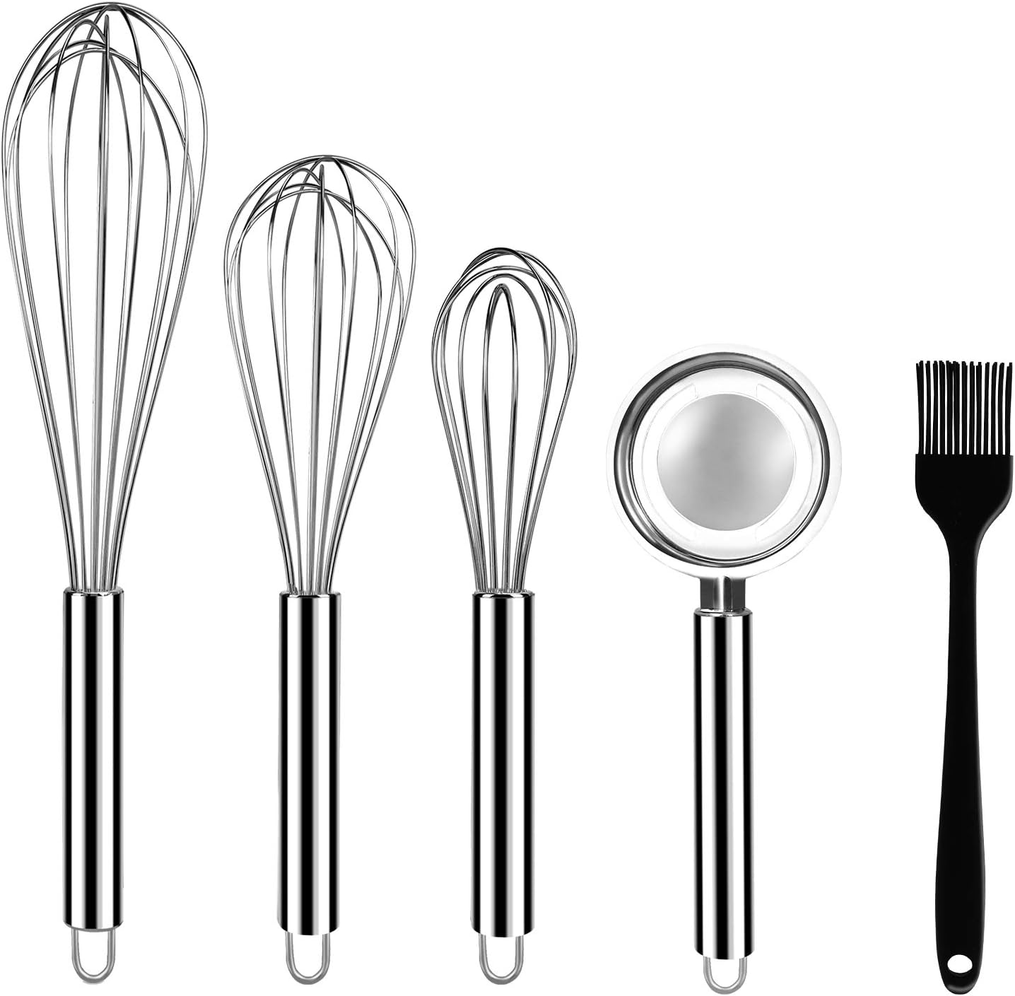Stainless Steel Whisks, ONME 3 Pack Kitchen Whisks with Stainless Steel Egg Separator and Silicone Cooking Brush, 8" 10" 12" Balloon Wire Whisk for Blending, Whisking, Beating, Stirring, Set of 5