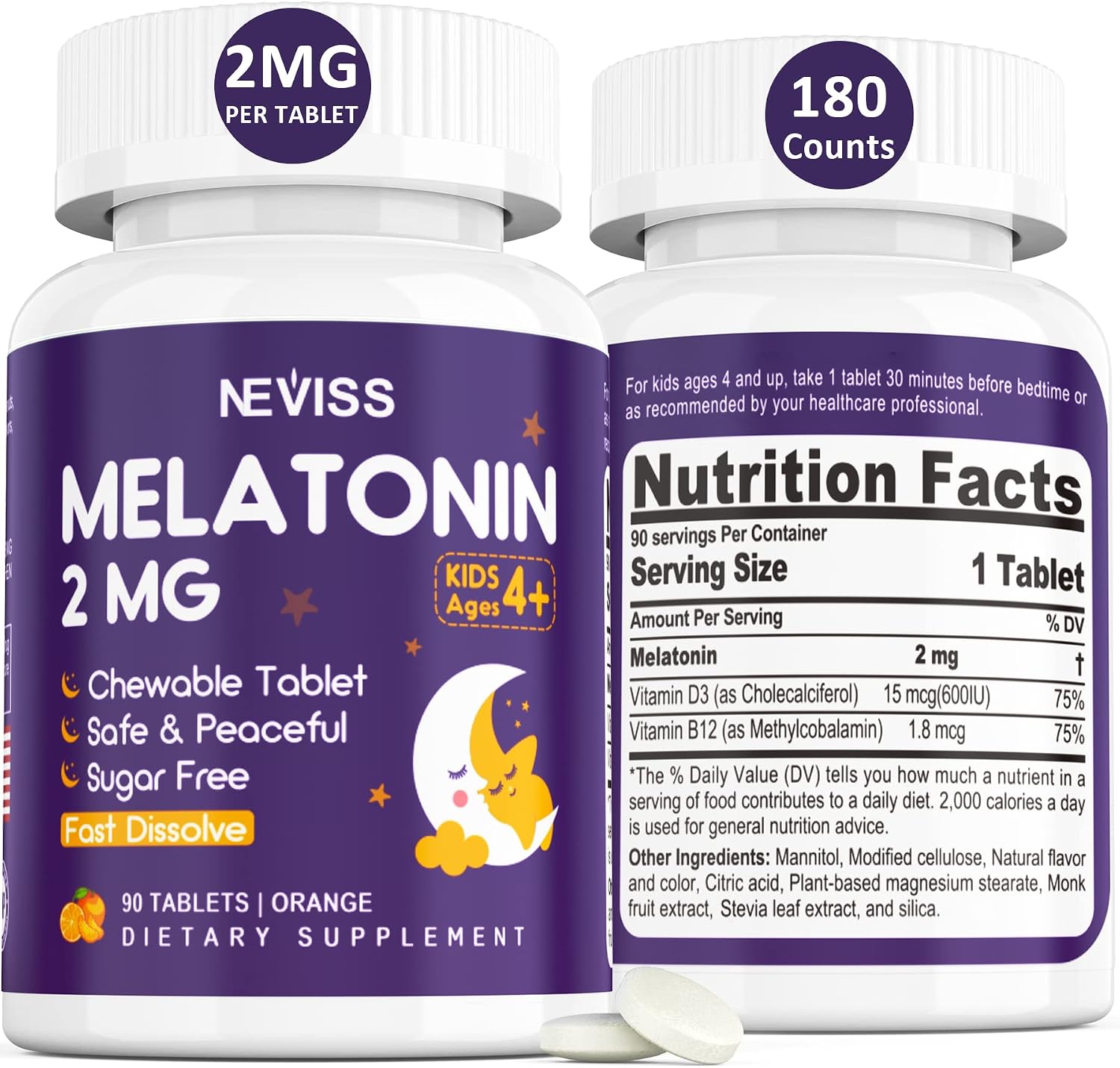 Kids Melatonin 2mg - Fast Dissolve & Chewable Nighttime Support Supplement with Vitamin B12, D3 for Health Rest Cycle, Deep Relaxation, Orange Flavor, Drug-Free and Sugar Free, Non Habit