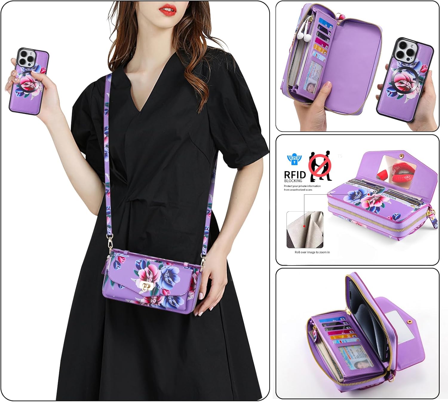 Wallet Case for iPhone 15 Pro 6.1 inch Magnetic Detachable Floral PU Leather Phone Case Wristlet Mirror Flip Zipper Shoulder Purse iPhone15Pro 5G i i-Phone i15 iPhone15 15Pro Girls Purple